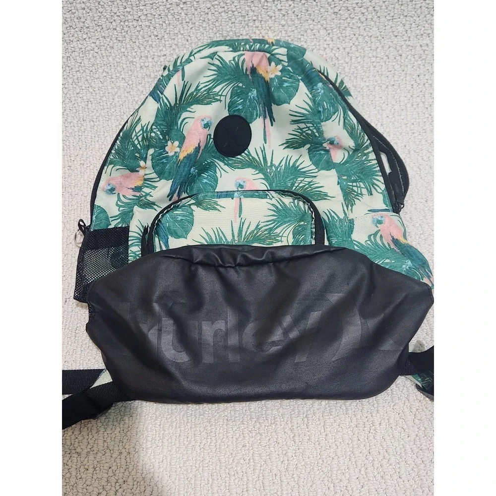 Hurley‎ Backpack Tropical Parrot Green Pink Black Front Pocket Adjustable Straps